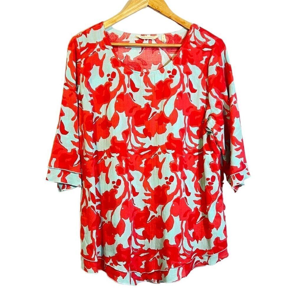 Soft Surroundings Siesta‎ Key Tunic Top Blue Red Floral 3/4 Sleeve Size L